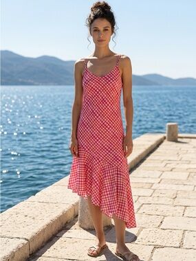 TOMMY BAHAMA HARBOUR ISLAND ASYMMETRICAL RUFFLE CHECKED RESORTWEAR MIDI DRESS M